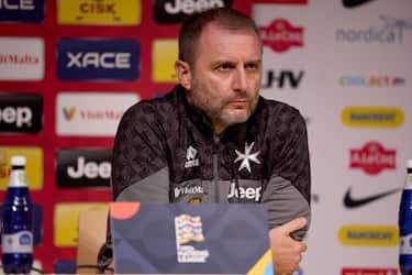 Malta national soccer team head coach Devis Mangia listens to a question from the media during his teams press conference on 22 September 2022, ahead of the UEFA Nations League, League D, Group 2 qualification soccer match between Estonia and Malta at the A. Le Coq Arena in Tallinn, Estonia on 23 September 2022

(Photo by Domenic Aquilina/NurPhoto via Getty Images)
