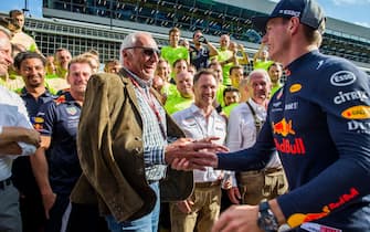 SPIELBERG, AUSTRIA - JULY 01:  Max Verstappen of Red Bull Racing and The Netherlands with Dietrich Mateschitz of Red Bull Racing and Austria during the Formula One Grand Prix of Austria at Red Bull Ring on July 1, 2018 in Spielberg, Austria.  (Photo by Peter Fox/Getty Images)