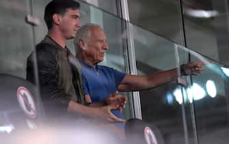 Dietrich Mateschitz, Austrian businessman and co-founder of the Red Bull energy drink company and his son Mark Gerhardter attend the tipico Bundesliga match in the master group round between Red Bull Salzburg and SK Puntigamer Sturm Graz on July 1, 2020 in Salzburg. (Photo by BARBARA GINDL / APA / AFP) / Austria OUT (Photo by BARBARA GINDL/APA/AFP via Getty Images)