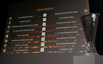 This picture shows the trophy and draw result for the round of 16 of the 2022-2023 UEFA Europa League football tournament in Nyon on November 7, 2022. (Photo by Fabrice COFFRINI / AFP) (Photo by FABRICE COFFRINI/AFP via Getty Images)
