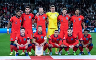 LONDON, ENGLAND - SEPTEMBER 26: Players of England pose for a team photo during the UEFA Nations League League A Group 3 match between England and Germany at Wembley Stadium on September 26, 2022 in London, United Kingdom. (Photo by Sebastian Frej/MB Media/Getty Images)
