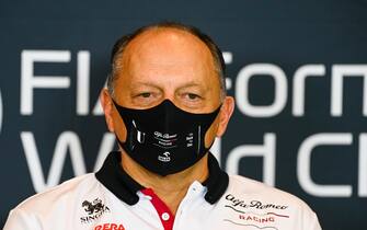 epa08785917 A handout photo made available by the FIA of Alfa Romeo Racing team principal Frederic Vasseur wearing a protective face mask during a press conference in Imola, Italy, 30 October 2020. The Formula One Grand Prix of Emilia Romagna will take place on 01 November 2020.  EPA/Mark Sutton - FIA/F1 HANDOUT  HANDOUT EDITORIAL USE ONLY/NO SALES