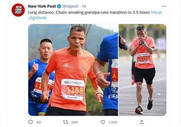 Cina, media: "Corre intera maratona di 42km con la sigaretta in bocca"