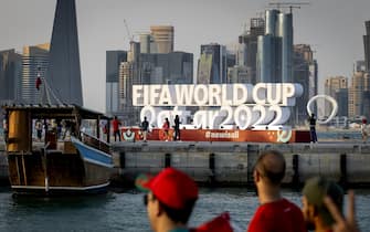 2022-11-14 14:10:00 DOHA - The FIFA World Cup logo with West Bay in Doha in the background. Qatar is awaiting the FIFA World Cup. ANP KOEN VAN WEEL netherlands out - belgium out(Photo by Koen van Weel/ANP/Sipa USA)