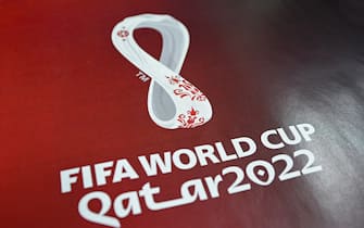 Official logo FIFA World Cup 2022 in Qatar printed on banner during training session on the eve of the FIFA World Cup Qatar 2022 qualification at the Olympic stadium in Kyiv. (Photo by Aleksandr Gusev / SOPA Images/Sipa USA)