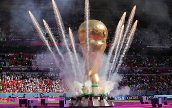 A giant model World Cup trophy during pre-match festivities during the 2022 FIFA World Cup Group B match at Ahmad Bin Ali Stadium, Al-Rayyan
Picture by Paul Chesterton/Focus Images/Sipa USA 
25/11/2022
