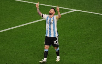epa10346747 Lionel Messi of Argentina gestures after scoring the 1-0 goal during the FIFA World Cup 2022 round of 16 soccer match between Argentina and Australia at Ahmad bin Ali Stadium in Doha, Qatar, 03 December 2022.  EPA/Abir Sultan