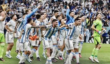 LUSAIL CITY, QATAR - DECEMBER 13: Players of Argentina celebrate after the FIFA World Cup Qatar 2022 Semi-Final match between Argentina and Croatia at Lusail Stadium on December 13, 2022, in Lusail City, Qatar. (Photo by Mohammed Dabbous/Anadolu Agency via Getty Images)