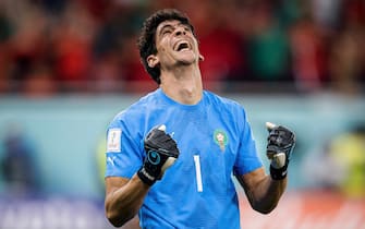 DOHA, CA - 10.12.2022: MOROCCO VS PORTUGAL - BOUNOU Yassine from Morocco celebrates qualifying for the semifinal after the match between Morocco and Portugal, valid for the quarterfinals of the World Cup, held at Al Thumama Stadium in Doha, Qatar. (Photo: Marcelo Machado de Melo/Fotoarena/Sipa USA)