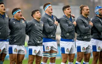 Italy team during the national anthem  during  Test Match 2021, Italy vs Argentina, Autumn Nations Cup rugby match in Treviso, Italy, November 13 2021