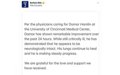 Buffalo Bills su Twitter: "Migliorano le condizioni di Damar Hamlin"