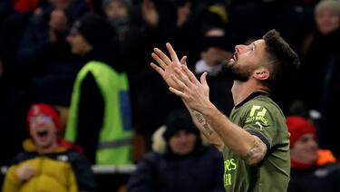 AC Milan's Olivier Giroud jubilates after scoring goal of 1 to 0 during the Italian serie A soccer match between AC Milan and Torino at Giuseppe Meazza stadium in Milan, 10 February  2023.ANSA / MATTEO BAZZI