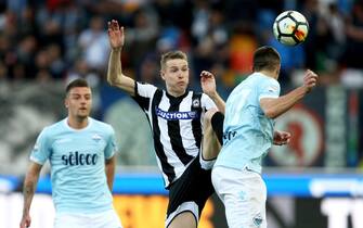 Udinese's Jakub Jankto (L) and Lazio's Adam Marusic (R) in action during the Italian Serie A soccer match between Udinese Calcio and SS Lazio at Dacia Arena Stadium in Udine, 8 April 2018. ANSA/ LANCIA