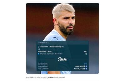 Aguero scommette su vittoria City con l'Arsenal e vince 20mila dollari