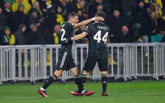 NANTES, FRANCE - FEBRUARY 23: Angel Di Maria #22 of Juventus celebrates his goal with Nicolo Fagioli #44 of Juventus during the UEFA Europa League knockout round play-off leg two match between FC Nantes and Juventus at Beaujoire Stadium on February 23, 2023 in Nantes, France. (Photo by Catherine Steenkeste/Getty Images)