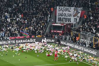 ISTANBUL, TURKIYE - FEBRUARY 26: Teddy bears and toys thrown on the field to be sent to the earthquake zone of the Vodafone Park Stadium prior to the Turkish Super Lig soccer match between Besiktas and Fraport TAV Antalyaspor, in Istanbul, Turkiye on February 26, 2023. On Feb.6 a strong 7.7 earthquake, centered in the Pazarcik district, jolted Kahramanmaras and strongly shook several provinces, including Gaziantep, Sanliurfa, Diyarbakir, Adana, Adiyaman, Malatya, Osmaniye, Hatay, and Kilis. On the same day at 1.24 p.m. (1024GMT), a 7.6 magnitude quake centered in Kahramanmaras' Elbistan district struck the region. (Photo by Serhat Cagdas/Anadolu Agency via Getty Images)