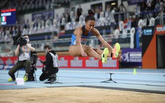 epa09053743 Larissa Iapichino of Italy competes in the women's Long Jump qualification at the 36th European Athletics Indoor Championships at the Arena Torun, in Torun, north-central Poland, 05 March 2021.  EPA/Leszek Szymanski POLAND OUT