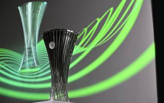 1244580801 NYON, SWITZERLAND - NOVEMBER 7: A view of the trophy during the UEFA Europa Conference League 2022/23 Knock-out Round Play-offs draw at the UEFA Headquarters, The House of the European Football, on November 7, 2022, in Nyon, Switzerland. (Photo by Kristian Skeie UEFA/UEFA via Getty Images).