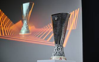 NYON, SWITZERLAND - NOVEMBER 7: A view of the trophy ahead of the UEFA Europa League 2022/23 Knock-out Round Play-offs draw at the UEFA Headquarters, The House of the European Football, on November 7, 2022, in Nyon, Switzerland. (Photo by Kristian Skeie  UEFA/UEFA via Getty Images).