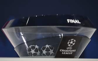 NYON, SWITZERLAND - MARCH 17: A detailed view of the draw pot during the UEFA Champions League 2022/23 Quarter-finals and Semi-finals Draw at the UEFA Headquarters, The House of the European Football, on March 17, 2023, in Nyon, Switzerland. (Photo by Kristian Skeie - UEFA/UEFA via Getty Images)