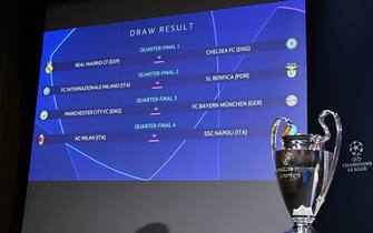 This photograph shows the draw result for the quarter-final of the 2022-2023 UEFA Champions League football tournament, in Nyon, on March 17, 2023. (Photo by Fabrice COFFRINI / AFP) (Photo by FABRICE COFFRINI/AFP via Getty Images)