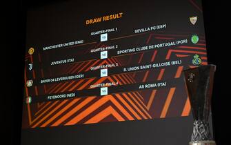 This photograph shows the draw result for the quarter-final of the 2022-2023 UEFA Europa League football tournament, in Nyon, on March 17, 2023. (Photo by Fabrice COFFRINI / AFP) (Photo by FABRICE COFFRINI/AFP via Getty Images)