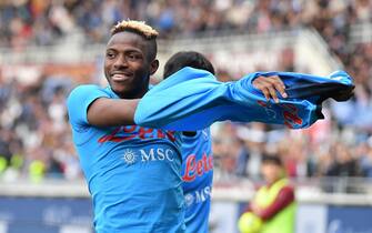 Napoli's Victor Osimhen celebrate the victory at the end of the italian Serie A soccer match Torino FC vs SSC Napoli at the Olimpico Grande Torino Stadium in Turin, Italy, 19 march 2023 ANSA/ALESSANDRO DI MARCO