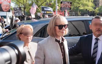 E. Jean Carroll (C) arrives for the first day of the sexual assault and defamation civil lawsuit she has brought against former President Donald Trump at a federal court house in New York, New York, USA, 25 April 2023. Carroll alleges that Trump raped her in the dressing room of New York department store in the 1990s. ANSA/JUSTIN LANE