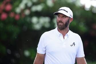 SINGAPORE, SINGAPORE - APRIL 28: Dustin Johnson of 4Aces GC  in action during day one of the LIV Golf Invitational - Singapore at Sentosa Golf Club on April 28, 2023 in Singapore.  (Photo by Suhaimi Abdullah/Getty Images)
