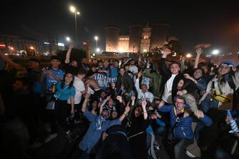 SSC Napoli s supporters celebrate the victory of the Italian Serie A Championship (Scudetto) at the end of the match against Udinese Calcio in the centre of Naples, Italy, 04 May 2023.
ANSA/CIRO FUSCO