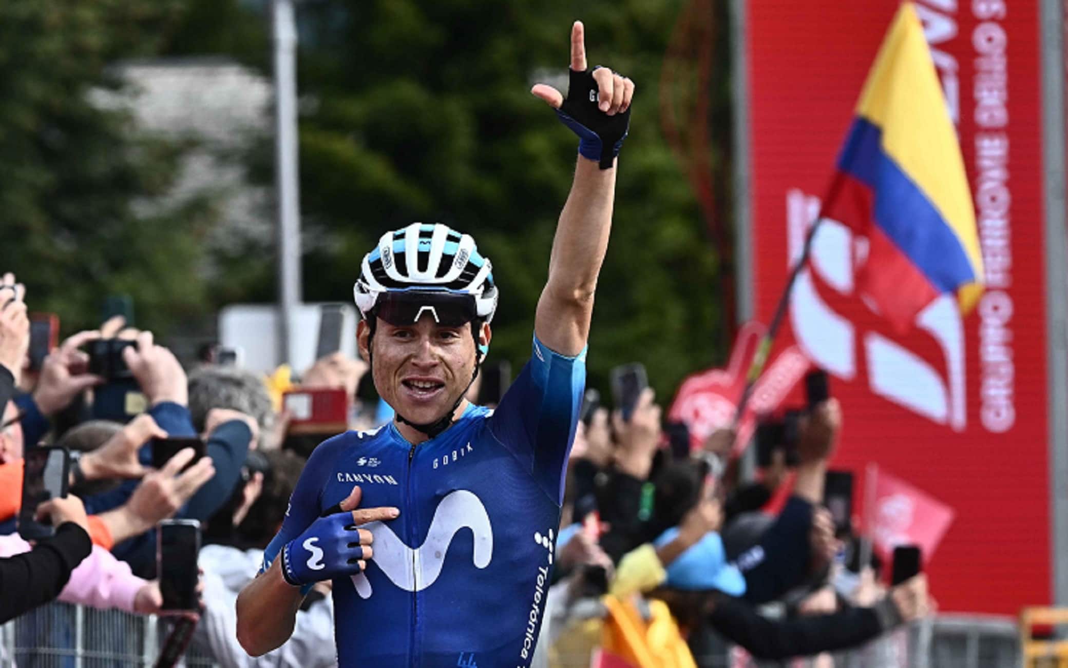 Colombian rider Einer Augusto Rubio of Movistar Team celebrates after crossing the finish line and winning the thirteenth stage of the 2023 Giro d'Italia cycling race over 74,600 km from Le Chable to Crans Montana, Swiss, 19 May 2023. ANSA/LUCA ZENNARO  