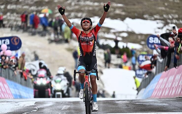 Colombian rider Santiago Butrago Sanchez of Bahrain Victorious celebrates after crossing the finish line and winning the nineteenth stage of the 2023 Giro d'Italia cycling race over 183 km from Longarone to Tre Cime di Lavaredo, Italy, 26 May 2023. ANSA/LUCA