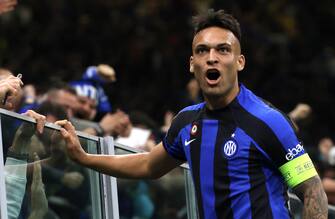 Inter Milan s Lautaro Martinez jubilates after scoring goal of 1 to 0 during the UEFA Champions League second  leg  of semi final match  between FC Inter  and  Milan   at Giuseppe Meazza stadium in Milan, 16  May  2022.ANSA / MATTEO BAZZI