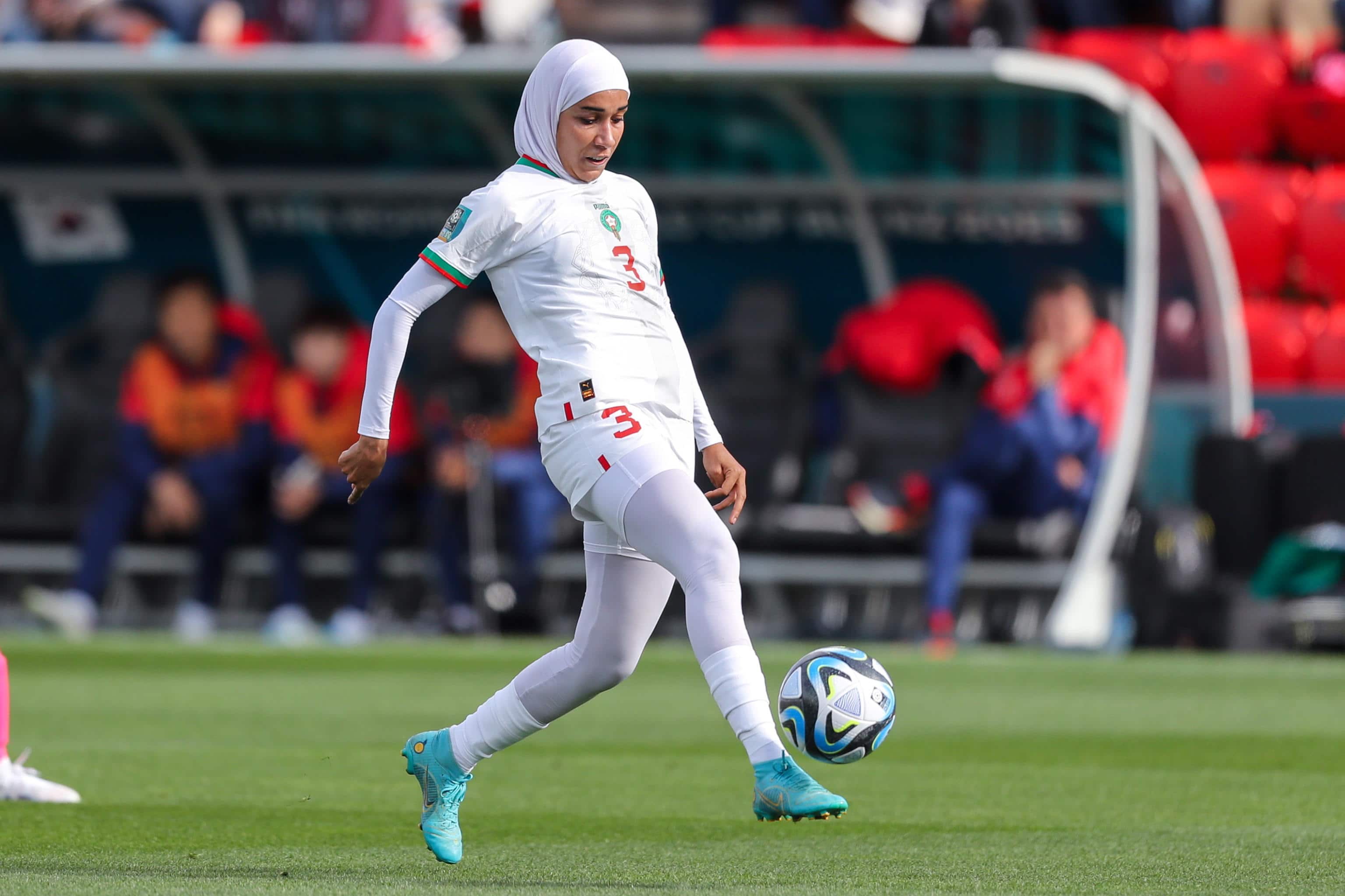 epa10776642 Nouhaila Benzina of Morocco during the FIFA Women's World Cup 2023 soccer match between Korea and Morocco at Hindmarsh Stadium in Adelaide, Australia, 30 July 2023.  EPA/MATT TURNER  EDITORIAL USE ONLY AUSTRALIA AND NEW ZEALAND OUT