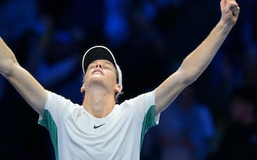 Jannik Sinner of Italy celebrates after the match against Novak Djokovic of Serbia at the Nitto ATP Finals 2023 tennis tournament at the Pala Alpitour arena in Turin, Italy, 14 November 2023. ANSA/ALESSANDRO DI MARCO