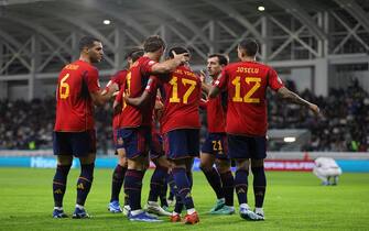Spain's players celebrate scoring a goal during the Euro 2024 Group A qualifying football match between Cyprus and Spain at the Alfamega Stadium in Limassol. Cyprus, Thursday, November 16, 2023. (Photo by Danil Shamkin/NurPhoto via Getty Images)