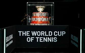 BOLOGNA, ITALY - SEPTEMBER 13: Davis Cup Trophy during Davis Cup Finals Group Stage Bologna - Day 2 at Unipol Arena on September 13, 2023 in Bologna, Italy. (Photo by Eurasia Sport Images/Getty Images)