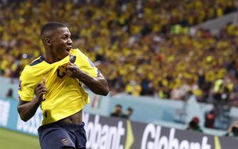 QATAR SOCCER epa10336692 Moises Caicedo of Ecuador celebrates after scoring the 1-1 during the FIFA World Cup 2022 group A soccer match between Ecuador and Senegal at Khalifa International Stadium in Doha, Qatar, 29 November 2022. EPA/Rolex dela Pena