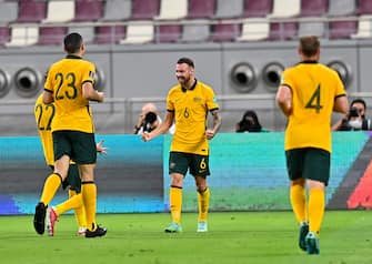 (210903) -- DOHA, Sept. 3, 2021 (Xinhua) -- Australia's Martin Boyle (C) celebrates his goal during the FIFA World Cup Qatar 2022 Asian qualification football match between Australia and China in Doha, Qatar, Sept. 2, 2021. (Photo by Nikku/Xinhua) - yangyuanyong -//CHINENOUVELLE_XxjpbeE007148_20210903_PEPFN0A001/2109030824/Credit:CHINE NOUVELLE/SIPA/2109030827