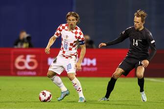 ZAGREB, CROATIA - SEPTEMBER 22: Luka Modric of Croatia competes for the ball with Mikkel Damsgaard of Denmark during the UEFA Nations League League A Group 1 match between Croatia and Denmark at Stadion Maksimir on September 22, 2022 in Zagreb, Croatia. Photo: Goran Stanzl/PIXSELL