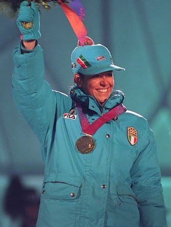 24 FEB 1994:  DEBORAH COMPAGNONI OF ITALY, WINNER OF THE WOMEN's GIANT SLALOM WITH HER GOLD MEDAL AT THE 1994 WINTER OLYMPICS IN LILLEHAMMER.  Mandatory Credit: Clive Brunskill/ALLSPORT