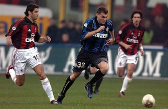 3 Mar 2002:  Manuel Rui Costa of AC Milan and Christian Vieri of Inter Milan in action during the Serie A 25th Round League match played between AC Milan and Inter Milan, played at the San Siro Stadium in Milan, Italy.   DIGITAL IMAGE. Mandatory Credit:GRAZIA NERI/Getty Images