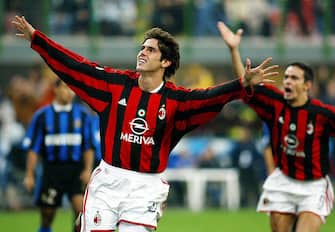 Milan AC's Brazilian midfielder Kaka jubilates after scoring his team's second goal against Inter milan during the Italian Serie A match 05 October 2003 at San Siro stadium in Milan.  AFP PHOTO / PATRICK HERTZOG  (Photo credit should read PATRICK HERTZOG/AFP via Getty Images)