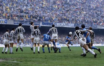 UNSPECIFIED,ITALY: 1986-87 Diego Armando Maradona of SSC Napoli   scores the goal during the Serie A match between SSC Napoli and Juventus, Italy.  (Photo by Alessandro Sabattini/Getty Images)