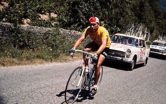 The Belgian cyclist Eddy Merckx wearing the yellow jersey rides during the 15th stage of the Tour de France cycling race between Carpentras and Montpellier on July 11, 1970. (Photo by - / AFP)        (Photo credit should read -/AFP via Getty Images)