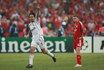 Athens, GREECE: AC Milan's forward Filippo Inzaghi (L) celebrates after scoring a goal in front of Liverpool's Norwegian defender John Arne Riise during the Champions League final football match, at the Olympic Stadium, in Athens, 23 May 2007. AFP PHOTO FRANCK FIFE (Photo credit should read FRANCK FIFE/AFP via Getty Images)
