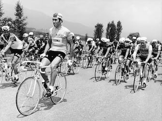 Belgian cyclist Eddy Merckx sits up on his cycle and takes it easy as he leads the pack during the eighth lap of the Tour de France, 1969.  This would be the first of five victories for Merckx at the Tour de France. (Photo by Agence France Presse/Getty Images)