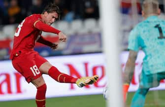 Serbia's Dusan Vlahovic Serbia during the League B Group 4 match at the 2022 UEFA Nations League in Belgrade, Serbia, Sept. 24, 2022.