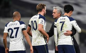 (FILE) BRITAIN SOCCER MOURINHO epa09144831 (FILE) Tottenham's manager Jose Mourinho (2-R) and his players react after the English Premier League soccer match between Tottenham Hotspur and Manchester City in London, Britain, 21 November 2020 (reissued on 19 April 2021). The English Premier League Cub Tottenham Hotspur announced on 19 April 2021, that Jose Mourinho and his coaching staff have been relieved of their duties. EPA/NEIL HALL / POOL EDITORIAL USE ONLY. No use with unauthorized audio, video, data, fixture lists, club/league logos or 'live' services. Online in-match use limited to 120 images, no video emulation. No use in betting, games or single club/league/player publications. *** Local Caption *** 56513159