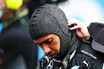 NUERBURG, GERMANY - OCTOBER 11: Lewis Hamilton of Great Britain and Mercedes GP prepares to drive on the grid before the F1 Eifel Grand Prix at Nuerburgring on October 11, 2020 in Nuerburg, Germany. (Photo by Peter Fox/Getty Images)